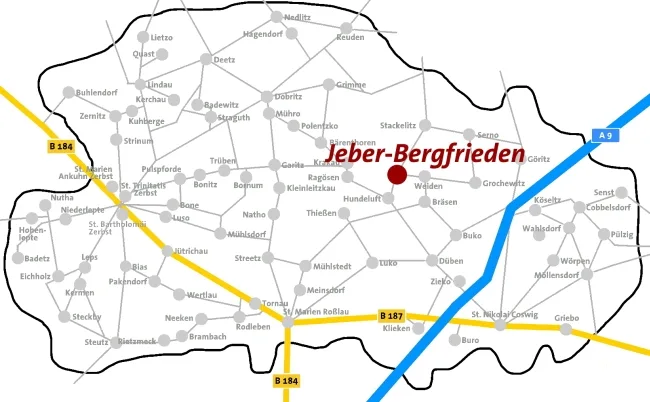 Lageplan: Jeber-Bergfrieden ist auf der Karte des Kirchenkreises Zerbst rot markiert.