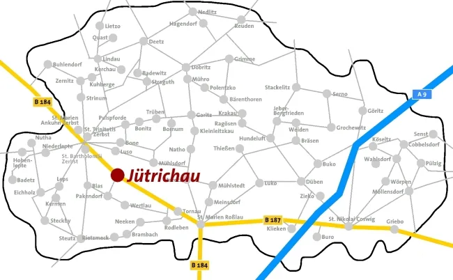 Lageplan: Jütrichau ist auf der Karte des Kirchenkreises Zerbst rot markiert.