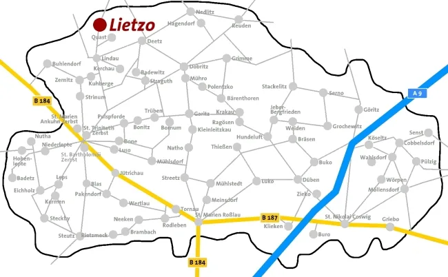 Lageplan: Lietzo ist auf der Karte des Kirchenkreises Zerbst rot markiert.