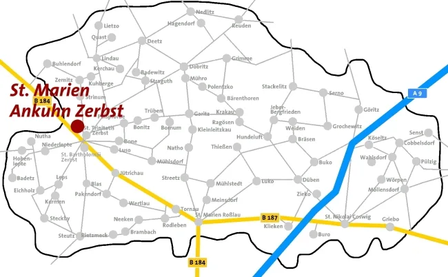 Lageplan: Zerbst ist auf der Karte des Kirchenkreises Zerbst rot markiert.