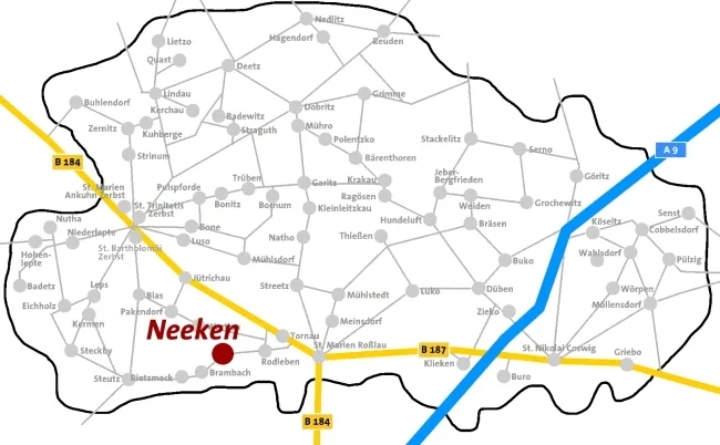 Lageplan: Neeken ist auf der Karte des Kirchenkreises Zerbst rot markiert.