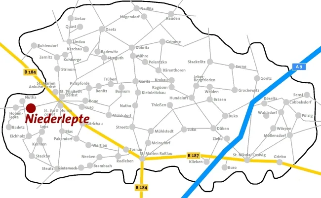 Lageplan: Niederlepte ist auf der Karte des Kirchenkreises Zerbst rot markiert.