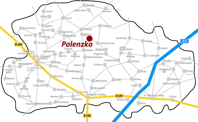 Lageplan: Polenzko ist auf der Karte des Kirchenkreises Zerbst rot markiert.