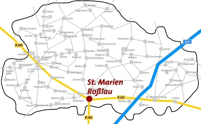 Lageplan: Roßlau ist auf der Karte des Kirchenkreises Zerbst rot markiert.