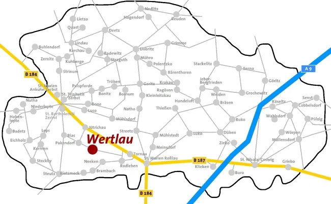 Lageplan: Wertlau ist auf der Karte des Kirchenkreises Zerbst rot markiert.