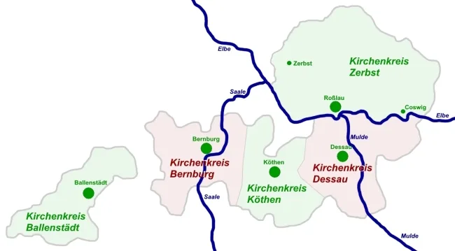 Karte der Evangelischen Landeskirche Anhalts mit den Kirchenkreisen Ballenstedt, Bernburg, Köthen, Dessau und Zerbst sowie den Flüssen Elbe, Saale und Mulde.