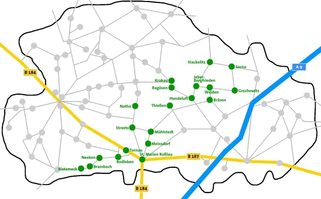 Karte des Kirchenkreises Zerbst; die Orte des Regionalpfarramts Roßlau-Weiden sind grün hervorgehoben.